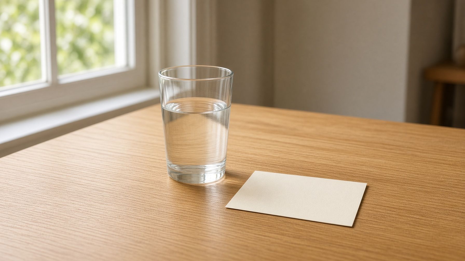 A clear glass of water standing on a maple table, a cream card beside it.